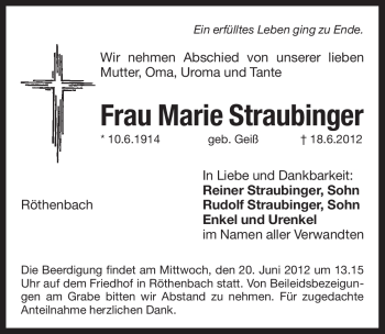 Traueranzeige von Marie Straubinger von Pegnitz-Zeitung